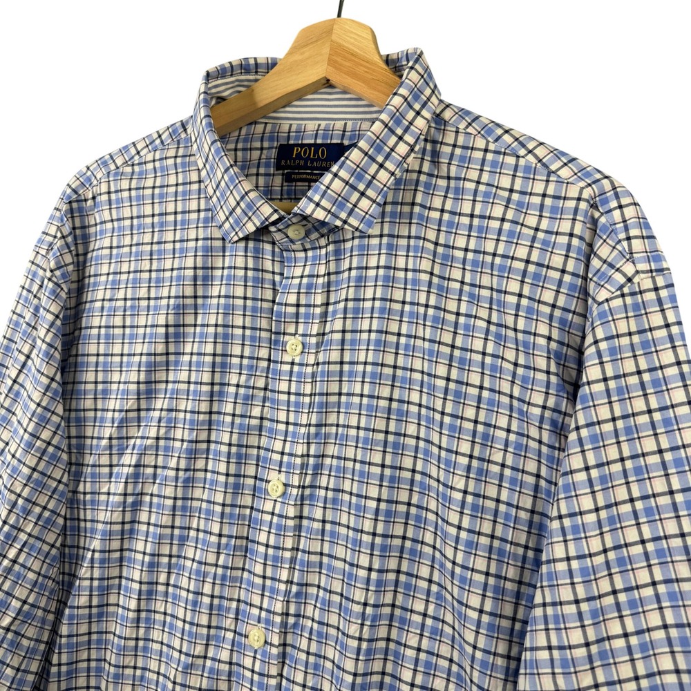 Polo Ralph Lauren Performance Mens XXL Blue White Plaid Stretch Button Up Shirt